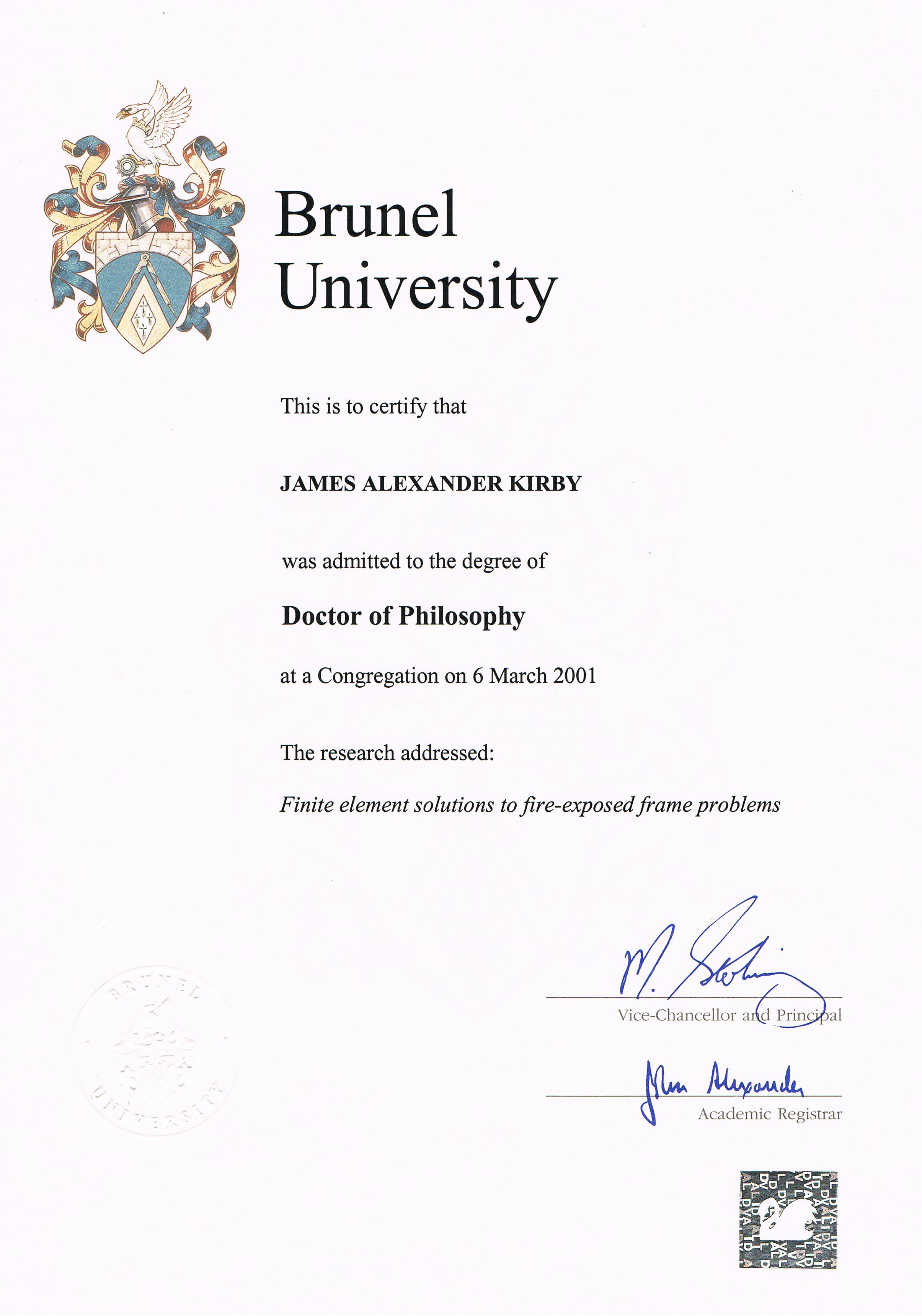 James Kirby Doctor of Philosophy certificate